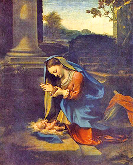 柯列喬（CORREGGIO，1490–1534，原名Antonio Allegri，後來以他出生的小城Correggio為名） 《崇拜聖嬰》（The Adoration of the Child）。（公有領域）