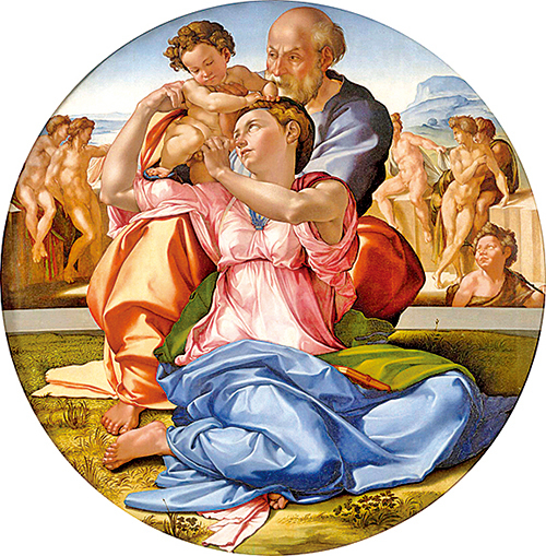 米高安哲羅《聖家族像》，聖母子神情安詳，皮膚細膩光滑，彷彿散發出柔和的光芒。（公有領域）