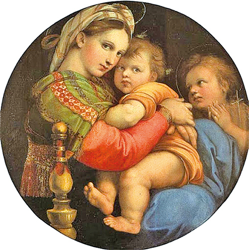 拉斐爾的圓形金框油畫《椅子上的聖母》（Madonna della seggiola），1513-1514（公有領域）