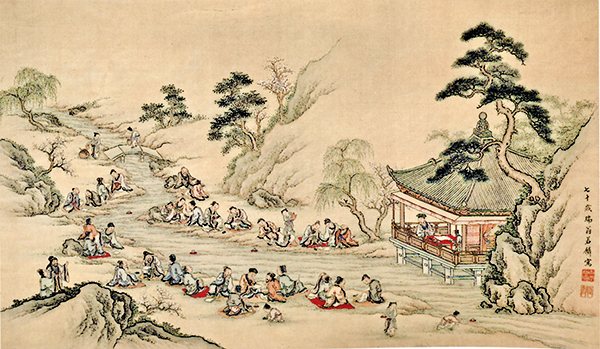 曲水流觴景觀。圖為日本江戶時代山本若麟《蘭亭曲水圖》。1790年（公有領域）