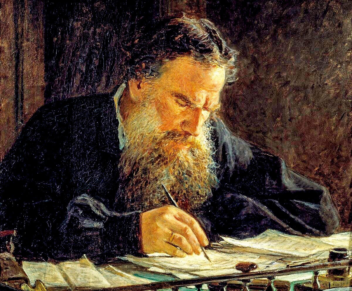 尼古萊吉（Nikolai Ge）1882年的作品《列夫托爾斯泰肖像畫》（Portrait of Leo Tolstoy）細部。（公有領域）