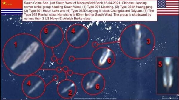 歐洲太空總署地球觀測衛星哨兵2號拍攝到的照片，其中1為遼寧號航艦，2為黃崗艦，3為呼倫湖艦，4為成都艦及太原艦，5為南昌艦，6為3艘美軍伯克級逐驅逐艦。（取自OSINT）