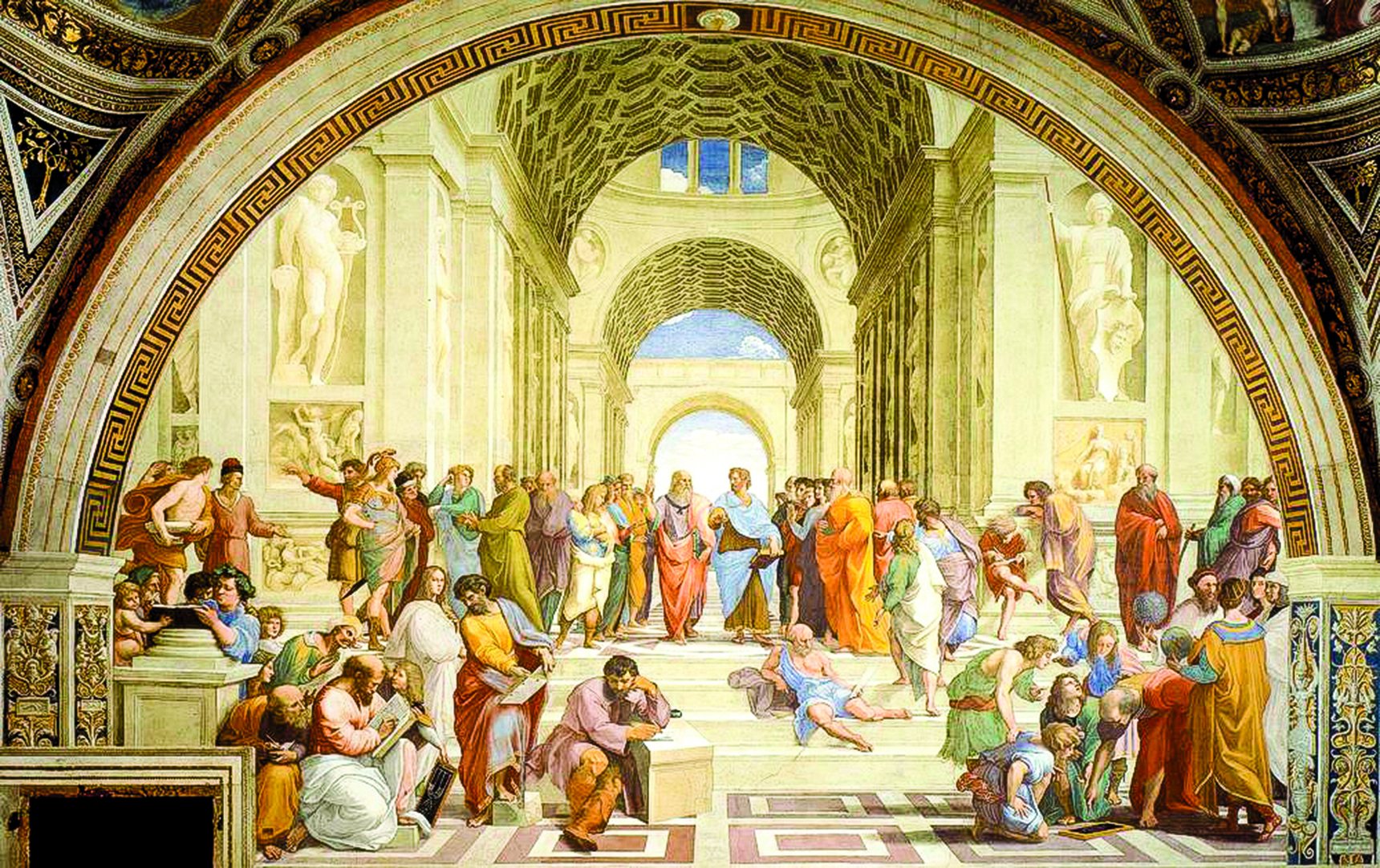 拉斐爾（Raphael）1509年～1510年在梵蒂岡所繪製的《雅典學院》（The School of Athens），濕壁畫，底寬770公分，收藏於意大利羅馬梵蒂岡宮簽署大廳（Stanza della Segnatura）。（公有領域）