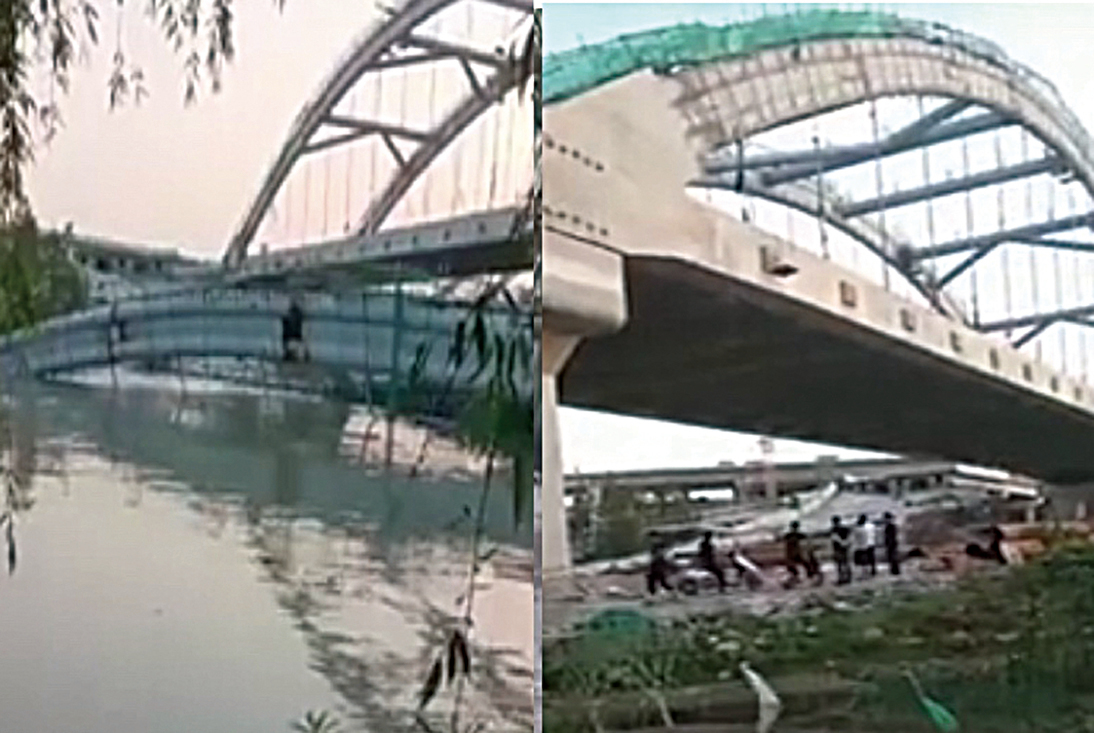 5月8日，浙江紹興市杭紹台高速公路一座即將完工的在建橋樑坍塌。（影片截圖合成）