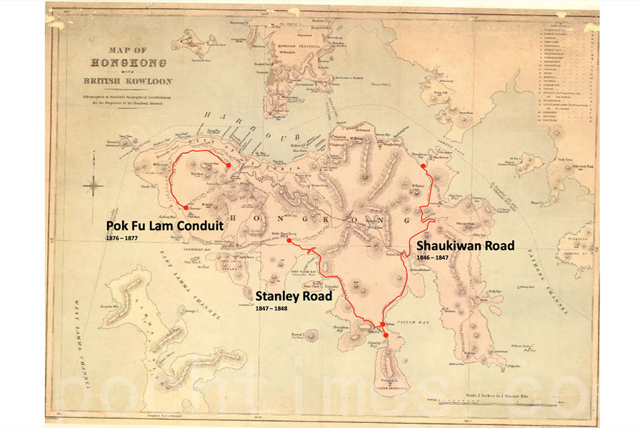 薄扶林輸水道、赤柱古道和筲箕灣古道在1888年香港島地圖上的位置。（司馬文提供／hkmaps.hk）