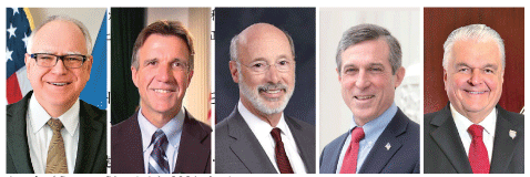 從左至右：美國明尼蘇達州州長蒂姆·沃爾茲（Tim Walz）、 佛蒙特州州長菲利浦·斯科特（Philip Scott）、賓夕凡尼亞州州長湯姆·沃夫（Tom Wolf）、特拉華州長約翰·卡尼（John Carney）、內華達州長史蒂夫·西索拉克（Steve Sisolak）表彰法輪大法及其創始人李洪志先生。（政府官方網站圖片）