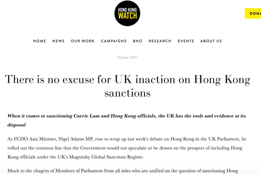 香港監察：英國具足夠證據 對林鄭等香港官員採取行動【影片】