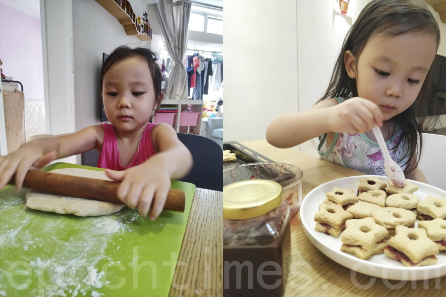 Jo四歲的女兒學習美食製作。（受訪者提供）