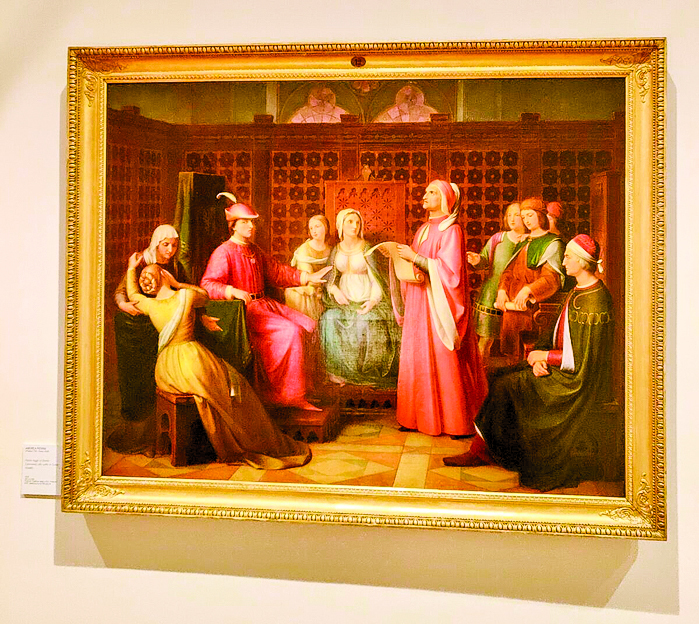 安德里亞．皮耶里尼（Andrea Pierini）的作品《但丁在波蘭達的宮廷中朗讀「神曲」》（Dante Reads「The Divine Comedy」at the Court of Guido Novello），1850年。油彩、畫布，55.1 x 72英寸。近代美術館，彼提宮，烏菲茲美術館，佛羅倫斯。（Fabio Blaco/The Uffizi Galleries）