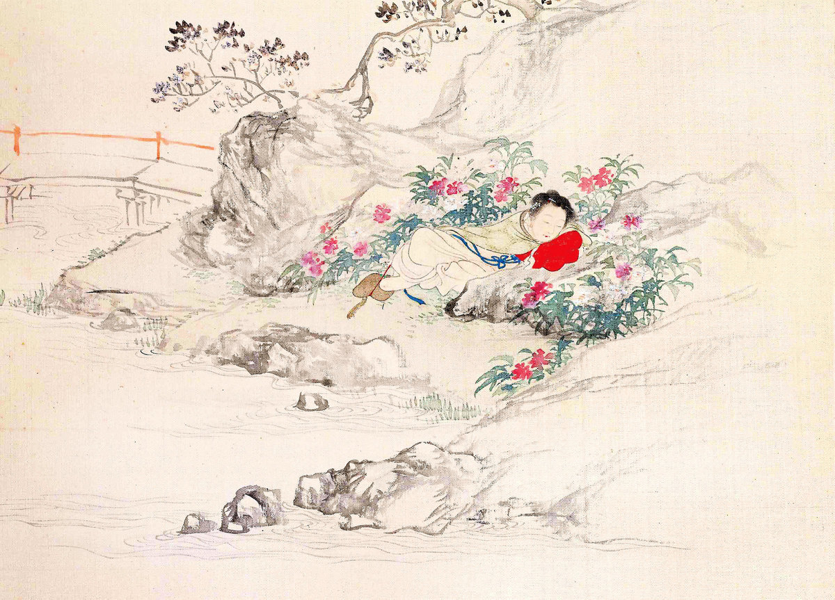 湘雲像，清費丹旭繪《十二金釵圖冊》，絹本設色，北京故宮博物院藏（公有領域）