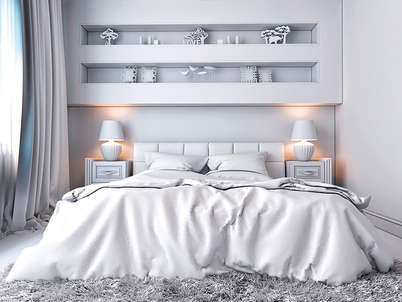使用單一色系的床組和窗簾會讓空間看起來更簡潔清爽。