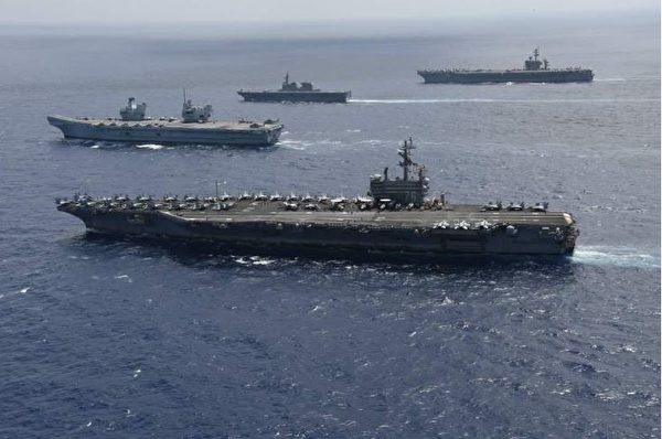 10月2日至3日在沖繩西南海域日本海上自衛隊與美國海軍列根號航母（USS Ronald Reagan）、美國海軍卡爾文森號航母（USS Carl Vinson）、英國皇家海軍伊利沙伯女王號航母（HMS Queen Elizabeth）以及紐西蘭、荷蘭和加拿大共計17艘各式艦艇在沖繩西南方的菲律賓海會和，舉行聯合演習。（日本海上自衛隊對外公布的圖片）