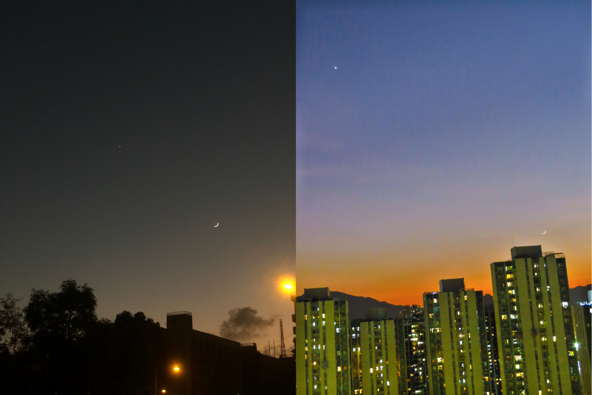 一連兩晚香港夜空上演了「金星合月」的天文現象。（左：謝恩慈／大紀元；右：國際天文聯會提供）