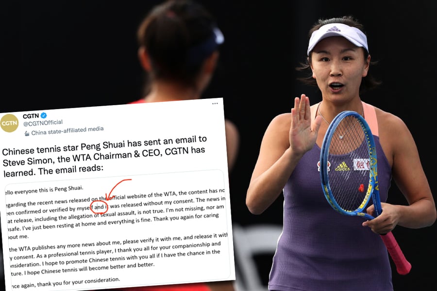 CGTN刊登彭帥致WTA電郵  女網主席聲明「不接受」指更擔憂其安危  