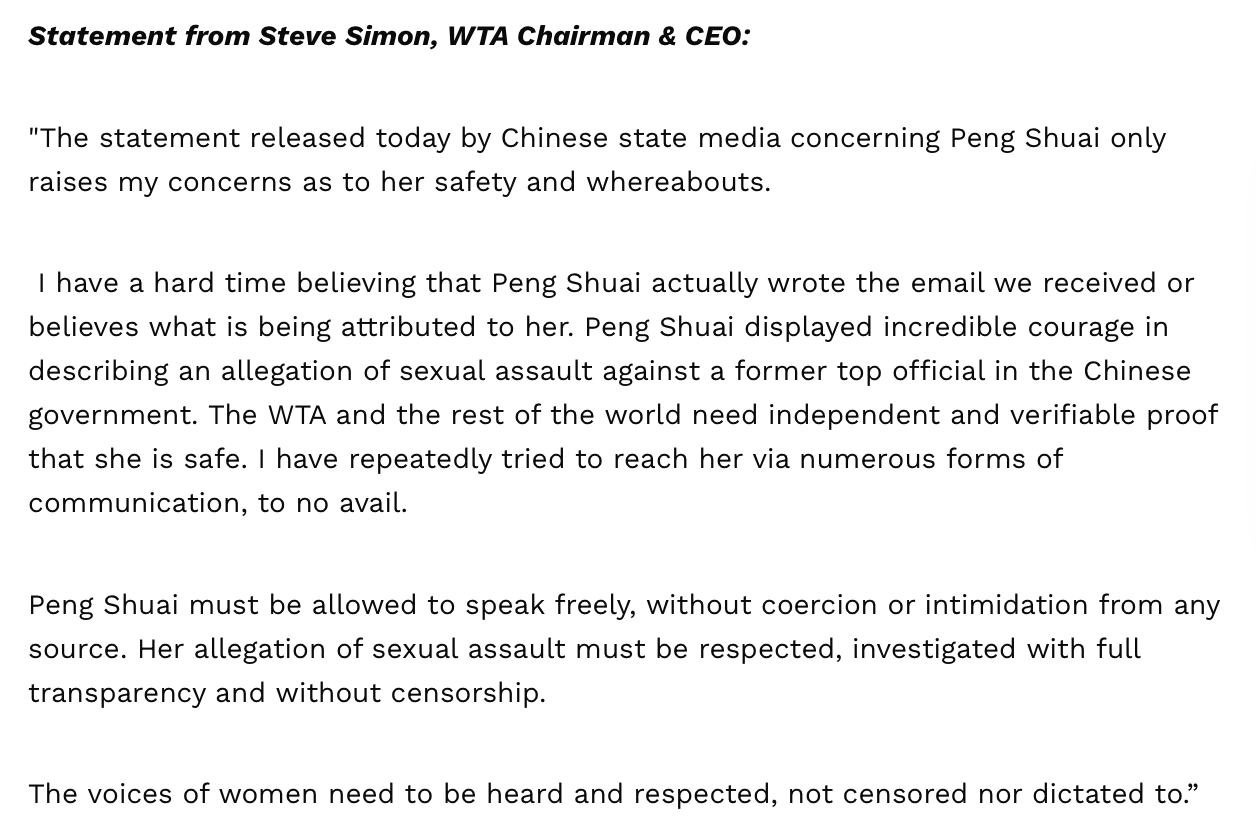 WTA主席兼行政總裁Steve Simon發表聲明回應CGNT，表示他不接受這封所謂彭帥電郵。（WTA網頁截圖）