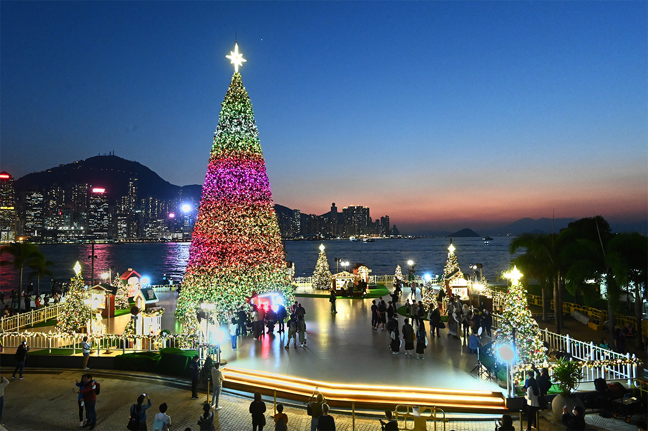 香港繽紛冬日巡禮的20米高巨型聖誕樹和聖誕小鎮，從中環移師至西九文化區藝術公園，聖誕樹將於今日下午5時亮燈。（宋碧龍／大紀元）
