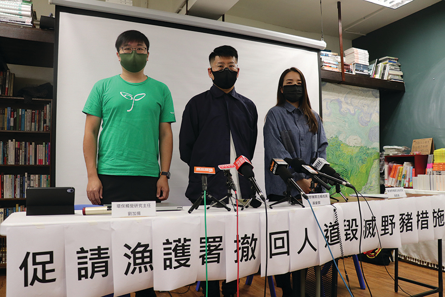 香港野豬關注組昨日舉行記者會，促請漁護署撤回捕殺野豬政策。（唐健豐／大紀元）