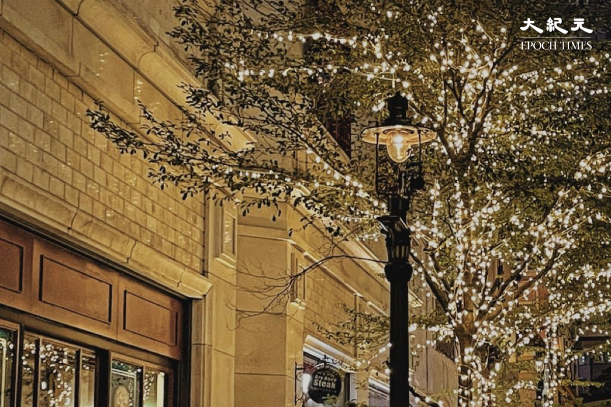 樹上閃爍的聖誕裝飾加上復古風的街燈，真是別有一番風味～（樂樂／大紀元）