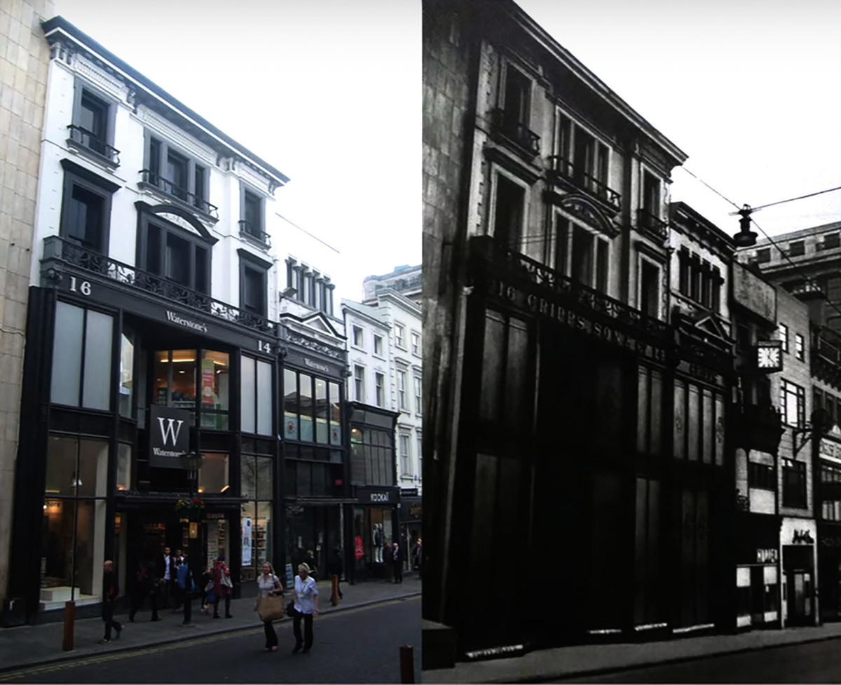 1996年警察法蘭克在波爾德街的狄龍書店體驗了時空穿越，在50、60年代書店相同位置的確是一家叫克里普斯的女裝店。(未解之謎影片截圖)