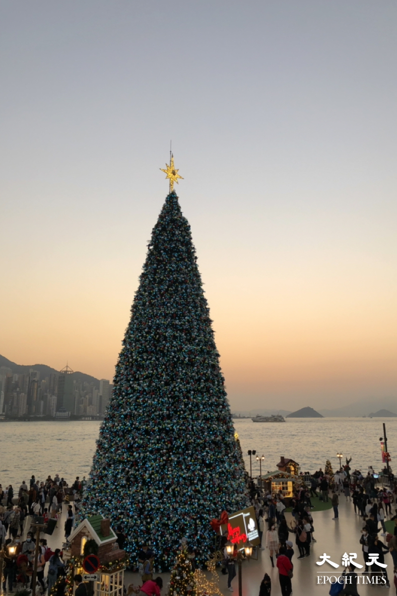 日落時分於西九文化區的20米高巨型聖誕樹。（謝恩慈／大紀元）