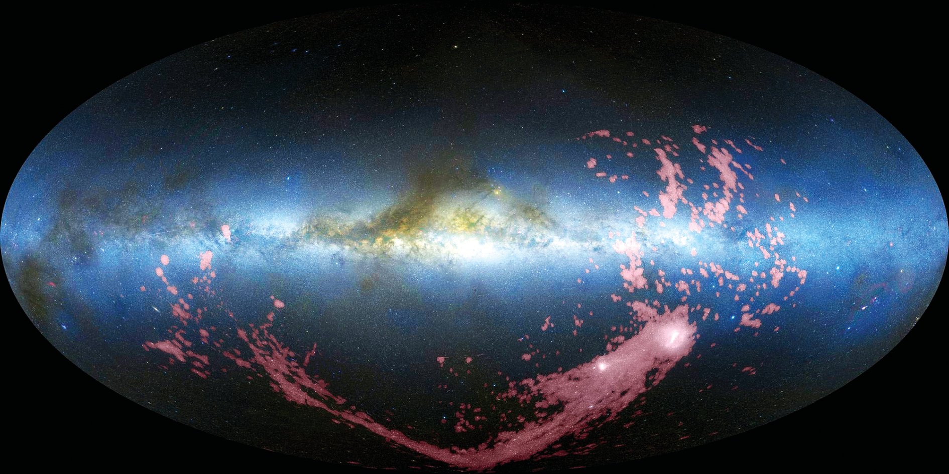 麥哲倫星流在天文觀測圖像上呈現為粉紅色的帶狀結構。（NASA）