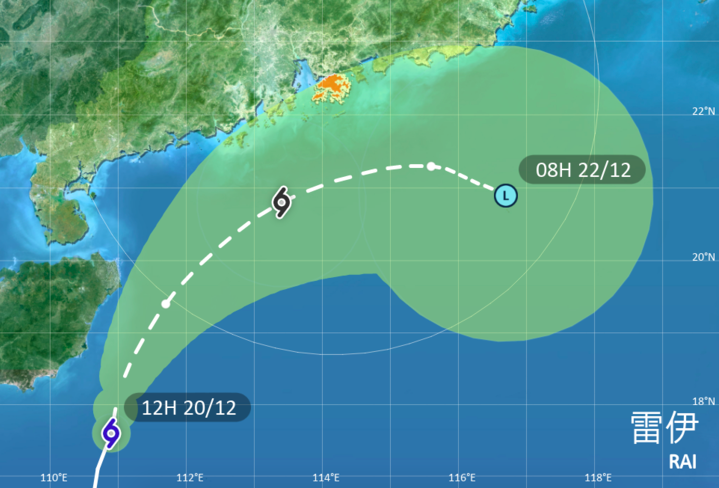 熱帶氣旋雷伊在今（20日）午12時位於香港之西南偏南約620公里。（天文台網站截圖）