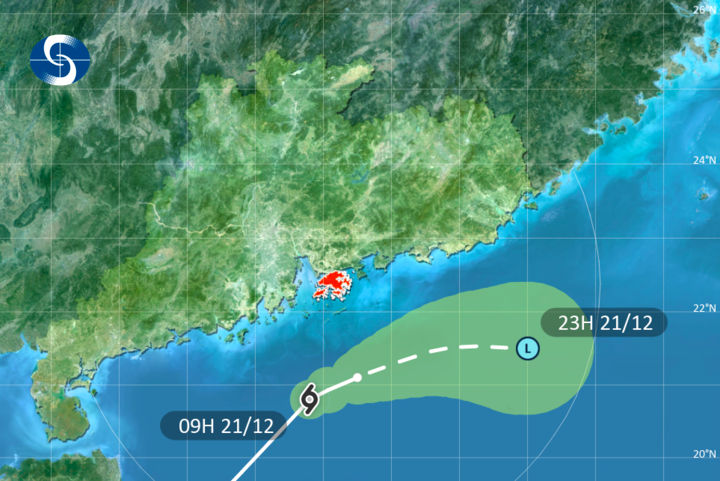 天文台今早（21日）表示，熱帶低氣壓雷伊今早9時在香港西南偏南約170公里，中午前後最近香港。（天文台網頁截圖）