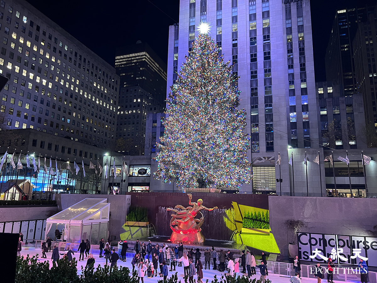 洛克菲勒中心的聖誕樹，懸掛起5萬顆LED燈，是紐約聖誕節的象徵。（甄真／大紀元）