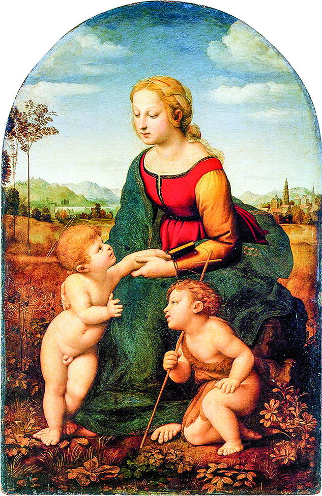 《花園中的聖母》La Belle Jardiniere. 1507 or 1508. Oil on panel. Louvre, Paris, France.（公有領域）