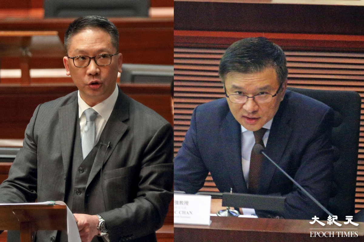 兩名香港前高官袁國強（左）、陳家強（右）獲委任香港航天科技獨立非執董。（李逸、蔡雯文／大紀元）