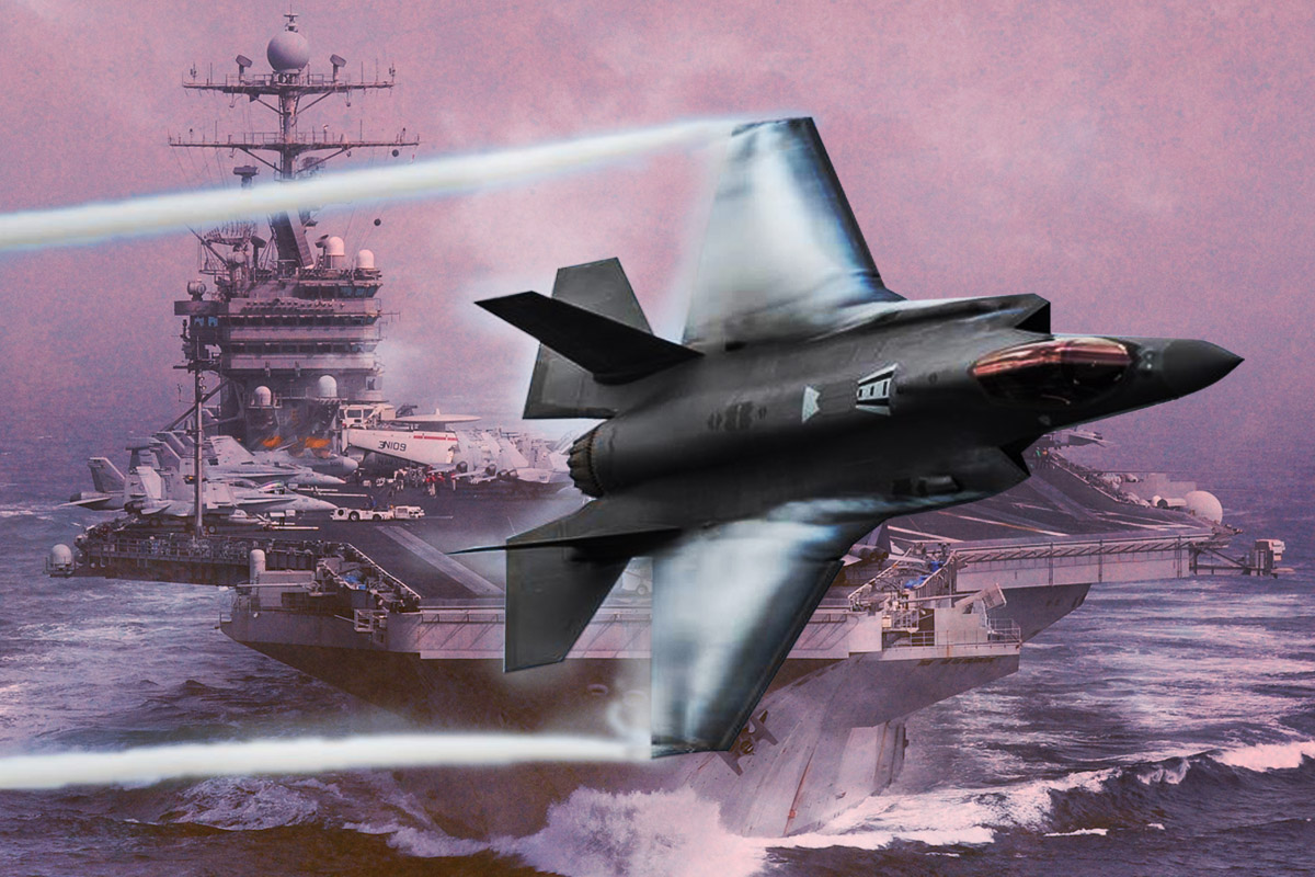 目前美國海軍有三個航母打擊群正在執行海上部署任務，其中兩艘航母搭載F-35C隱身戰鬥機。（大紀元製圖）