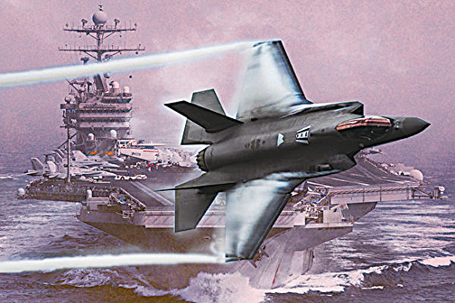 目前美國海軍有3個航母打擊群正在執行海上部署任務，其中兩艘航母搭載F-35C隱身戰鬥機。（大紀元製圖）