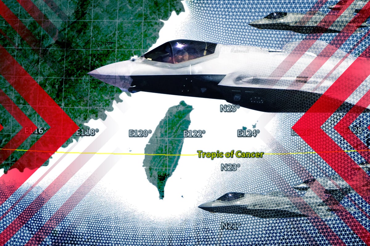 中共戰鬥機被導彈鎖定之前，不會知道F-35的存在。未來10年， F-35將稱霸台海的天空。（大紀元製圖）