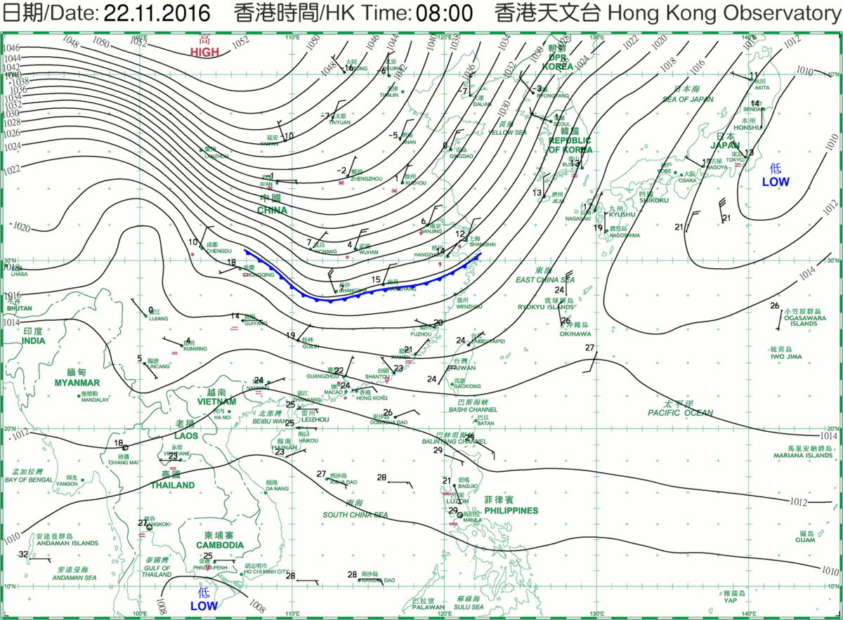 天文台表示，一道冷鋒將於明日抵達廣東沿岸。受到該冷鋒影響，廣東沿岸將普遍有雨，而氣溫則會顯著下降。（香港天文台提供）