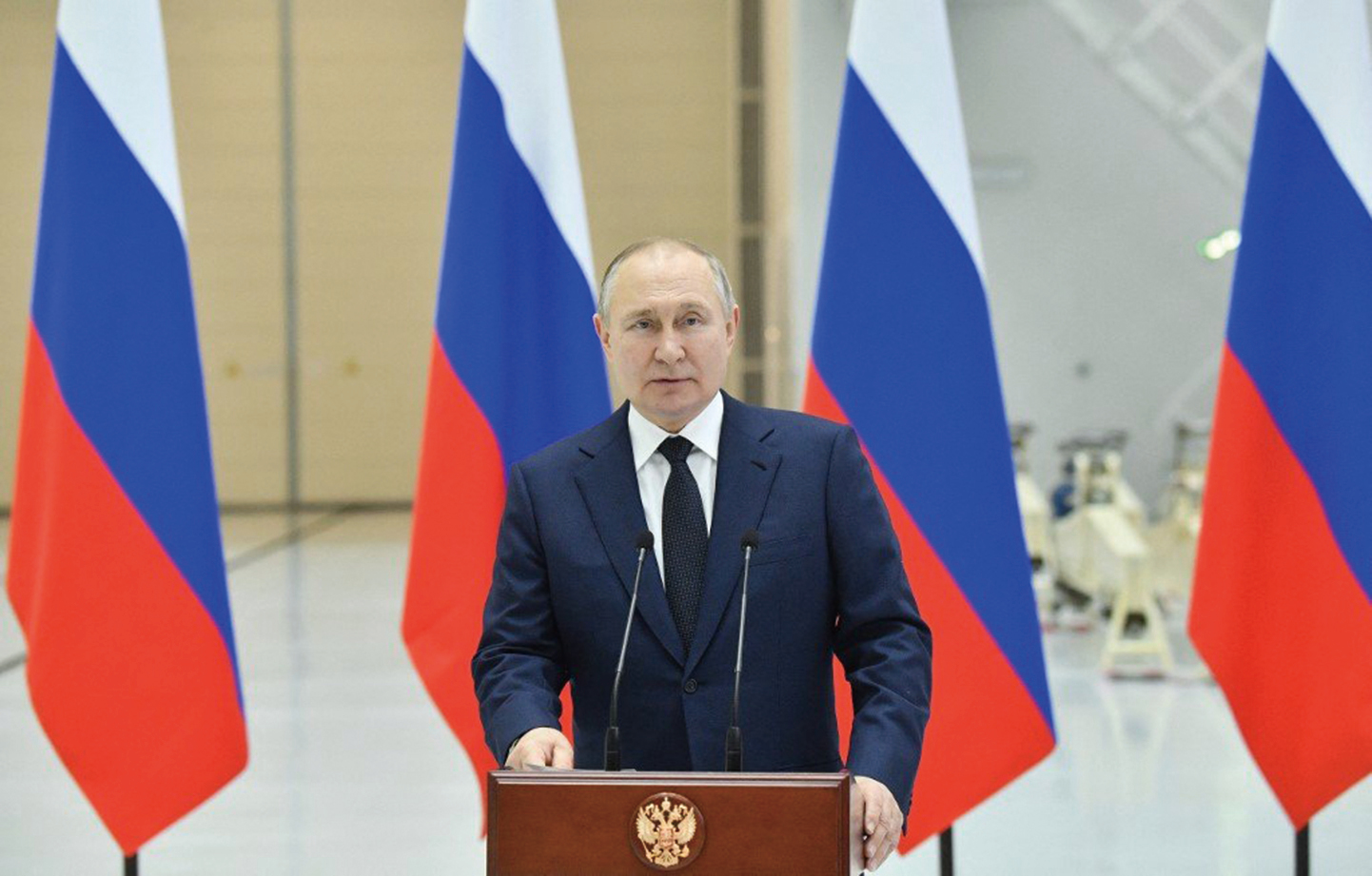 4月12日，俄羅斯總統普京在訪問莫斯科以東3,450英里（5,550公里）的東方航太發射場期間在記者會上發表公開講話。（AFP）