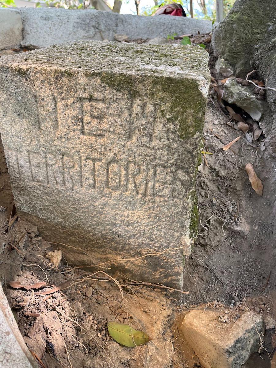 大埔公路郝德傑道發現的「新九龍／新界」界線界石，其中一面刻有「NEW TERRITORIES」字樣。（香港行跡提供）