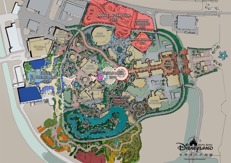 香港迪士尼樂園上22日宣佈，計劃於2018年至2023年間增建Marvel超級英雄主題區及魔雪奇緣主題區。（香港迪士尼樂園提供）