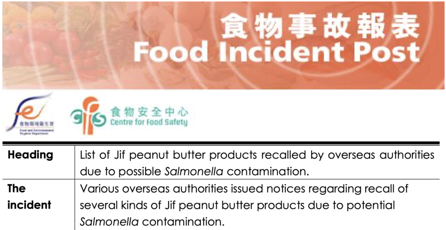 數款Jif品牌美國產花生醬疑受沙門氏菌污染 食安中心籲停用