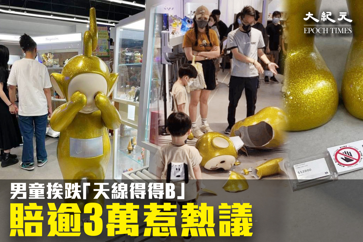 近日網上流傳影片，片中可見一名男童不小心背靠一隻大型的「天線得得B」玩具，導致玩具倒地，家長賠償逾3萬元。事件引起網民熱議。（香港突發事故爆料區Facebook、大紀元製圖）