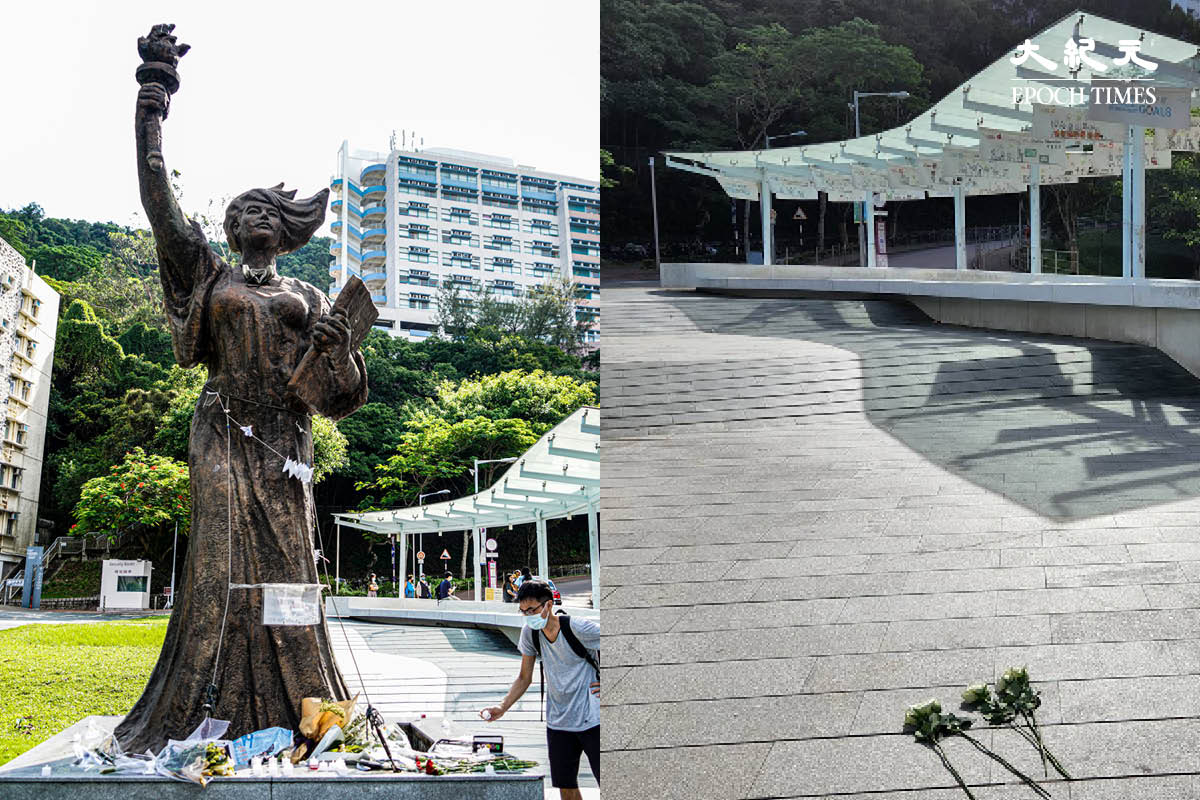 右圖：中大民主女神像遭到校方搬走後，仍有人到原址獻花紀念六四。左圖：2021年六四民主女神像前擺滿蠟燭和鮮花。（李明恩、余鋼／大紀元）
