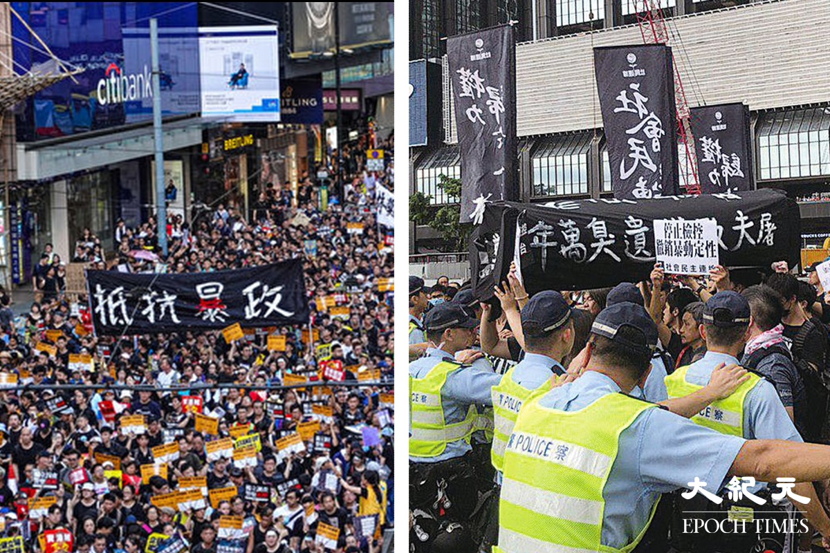 歷年「七一」，在曾經有言論和表達自由的香港，民間多年來都組織表達不同訴求的抗議和遊行——由四五行動和社民連的抬棺材，到以萬計的人參與的七一大遊行，以至反送中期間的勇武抗爭，都是曾經同官方慶「回歸」活動並存在同一個香港的事情。但抗議和遊行，今年七一已成絕唱。圖為往年七一有社民連成員抬棺材道具示威（右）；及2019年七一大遊行（左）。資料圖片。（佘志誠、余鋼／大紀元）