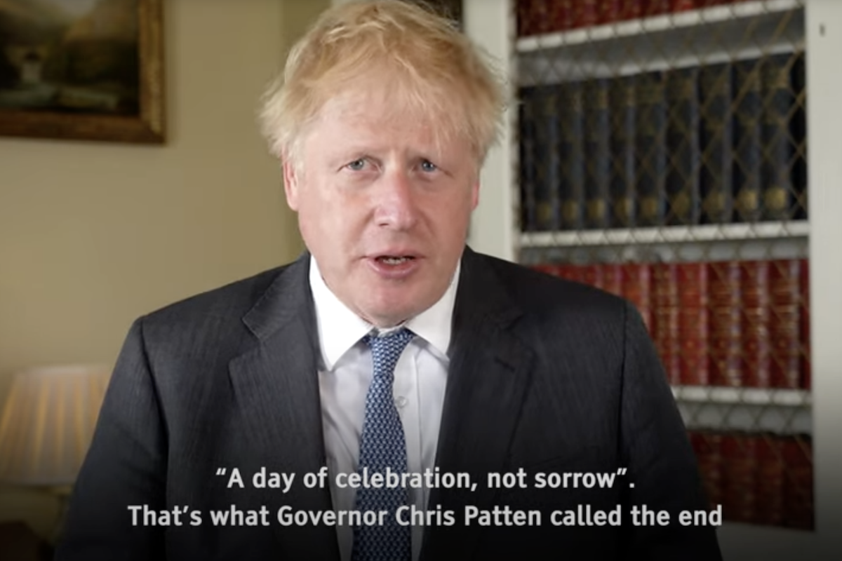 在主權移交25周年之際，英國首相約翰遜（Boris Johnson）拍片批評中共不遵守《中英聯合聲明》中所做出的承諾。（唐寧街影片載圖）