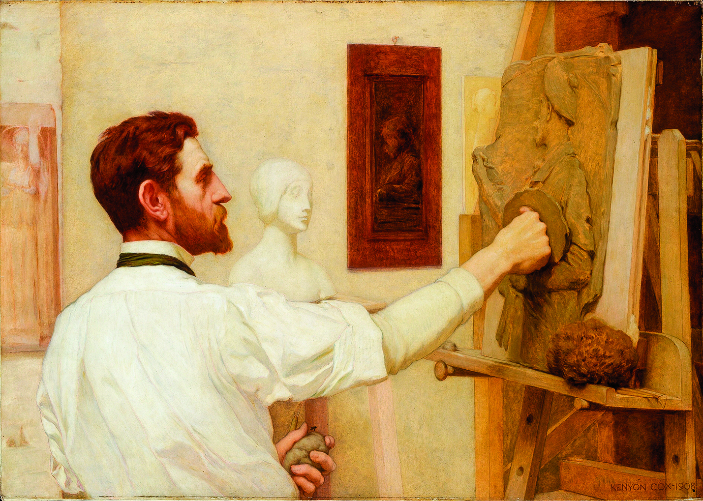 畫家肯揚考克斯（Kenyon Cox）的作品《奧古斯都聖高登斯》肖像畫，於1908年應大都會藝術博物館之邀，為紀念奧古斯都聖高登斯所舉辦的作品展而作，此幅畫描繪奧古斯都聖高登斯在工作室創作的情景。油畫，畫布。（公有領域）