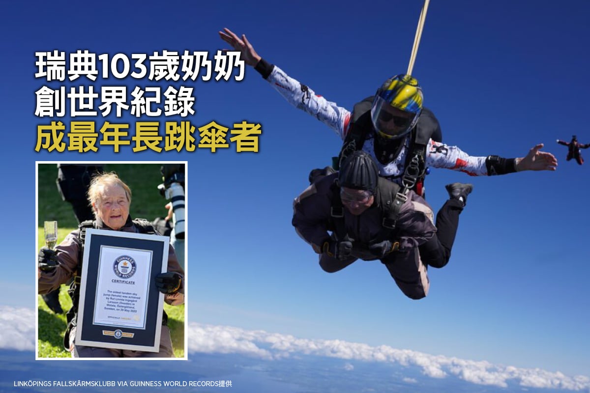 瑞典一位人瑞奶奶以103歲259天的高齡打破了一項世界紀錄，成為世界上最年長的雙人跳傘者。（Linköpings fallskärmsklubb via Guinness World Records提供）