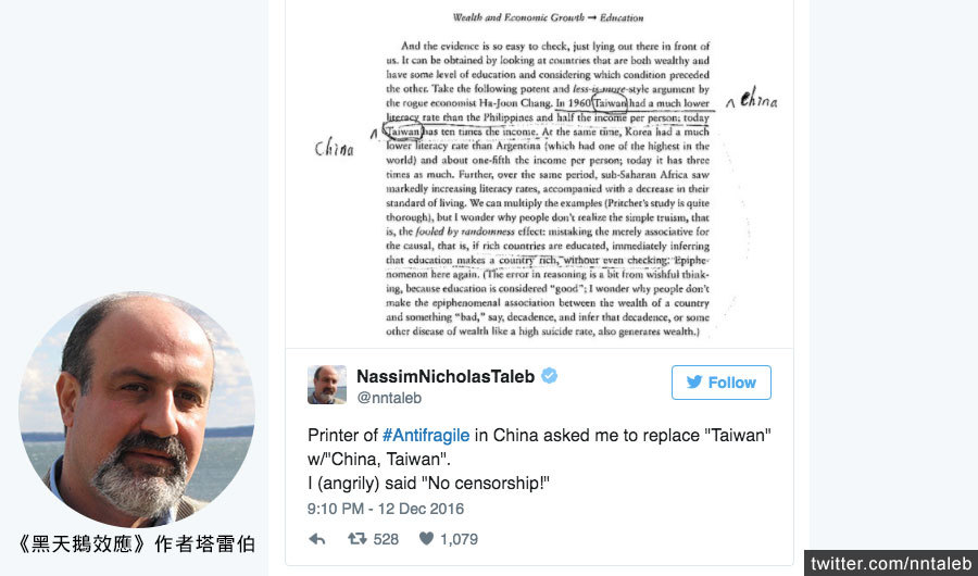 名著《黑天鵝效應》作者塔雷伯即將在美國出版的新書，交由中國大陸的印刷廠印刷，但被印刷廠要求把內容中的「台灣」改為「中國台灣」。塔雷伯在社交網站發文批評中共當局做法，並決定另找印刷商。（網絡擷圖）