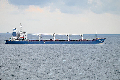 8月3日，懸掛塞拉利昂國旗的「拉佐尼號」貨輪裝載著2.6萬噸來自烏克蘭的粟米在伊斯坦堡的海岸等待檢查。（AFP）