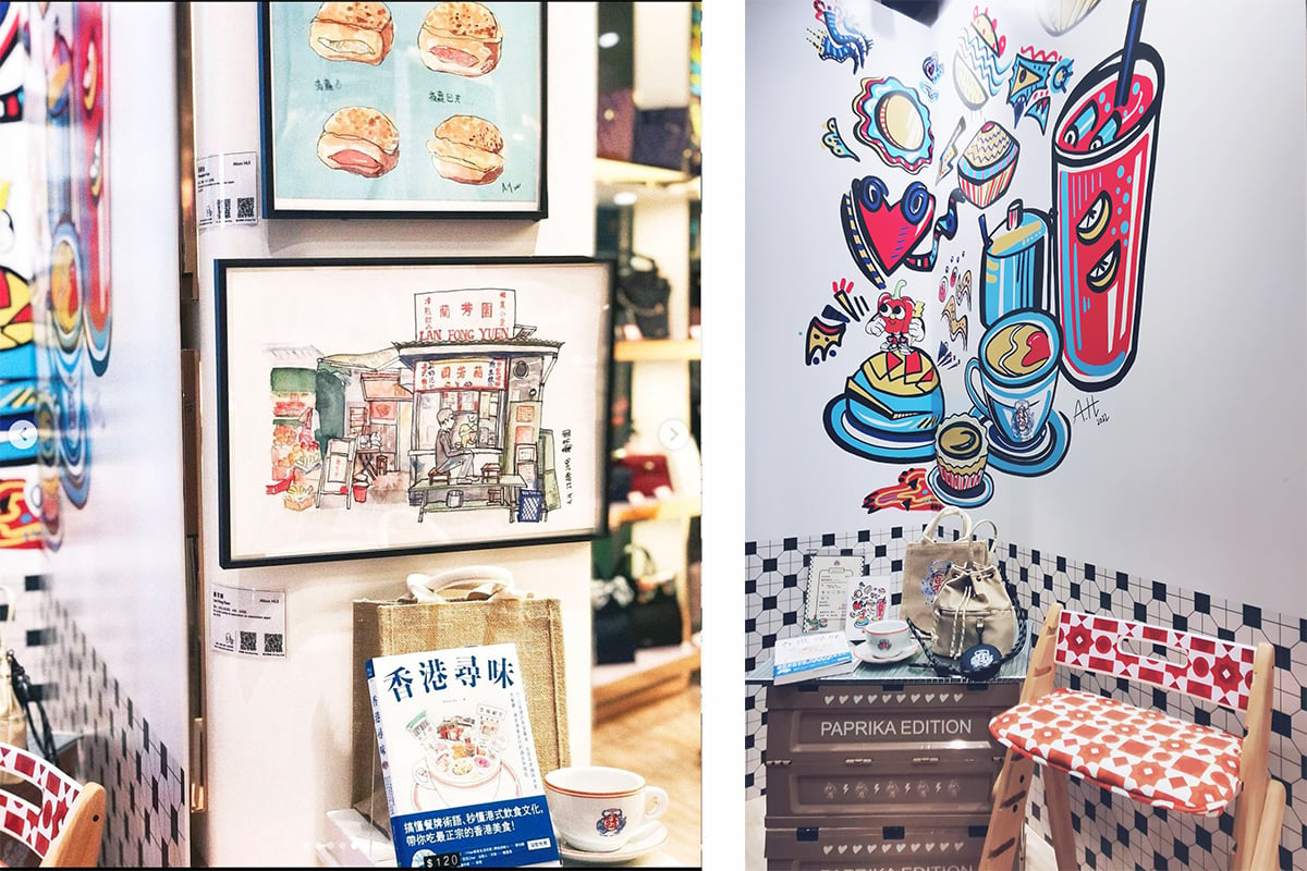 香港插畫家Alison Hui與本地手袋品牌PAPRIKA合作，將旺角朗豪坊分店裝扮成小型藝術畫廊。（Alison Hui提供）