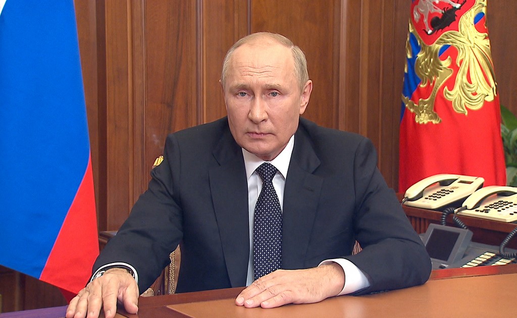 俄羅斯總統普京今（21日）向全國發表的電視講話，宣布從今天開始在俄羅斯進行部份軍事動員。（Handout / Russian Defence Ministry / AFP）