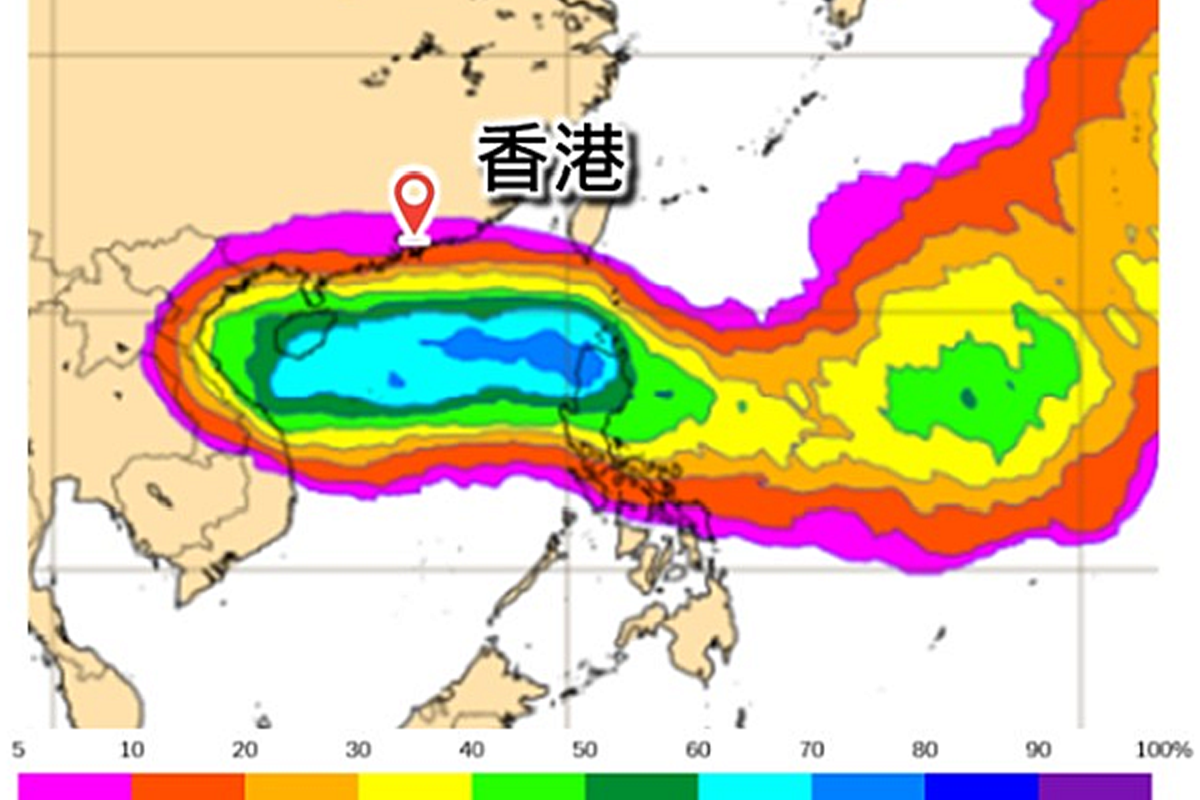 歐洲集合預報模式預測下星期二的熱帶氣旋出現概率分佈圖，南海出現熱帶氣旋的機率達百分之70以上。(天文台網頁圖片)
