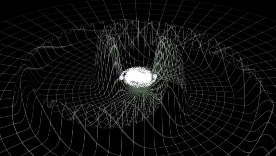 LIGO觀測數據證實愛因斯坦百年前的預言——大質量物體可以明顯影響時空的分佈。（MIT視像擷圖）